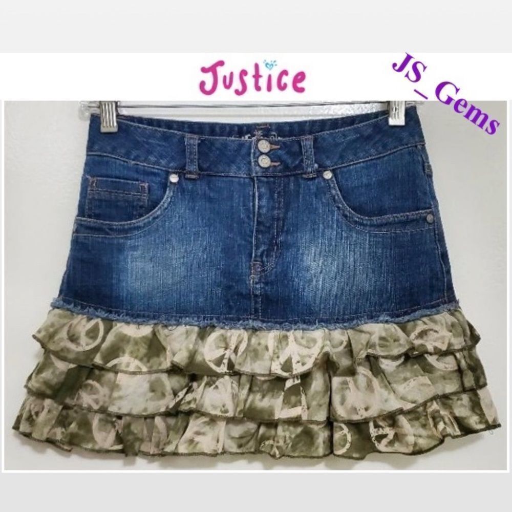 Justice Skorts Kid Girls Size 14 Blue Denim Distressed Camo Peace Ruffles Pocket